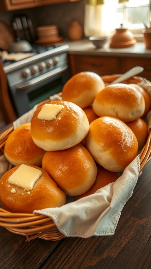 A basket of golden brown yeast rolls brushed with butter, on a wooden table with a dish of butter.